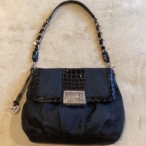 Brighton Black Nylon Croc Leather Trim Shoulder Bag, Flap Magnetic‎ Closure